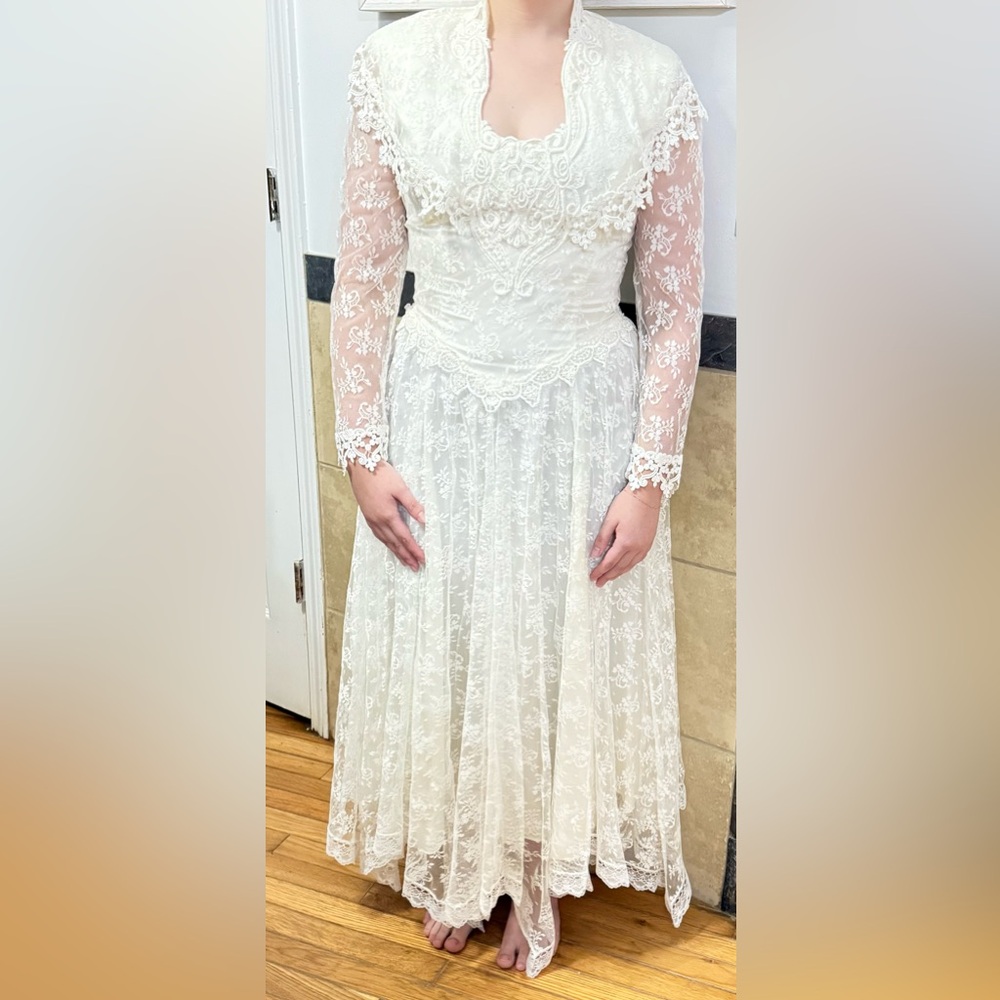 Vintage Jessica McClintock Ivory Lace Bridal Wedding Dress Hankerchief Hem